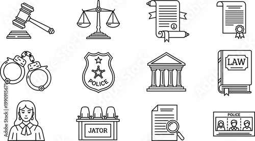 "Set of Legal and Justice Icons Featuring Gavel, Scales, Police Badge, and Court Documents for Law, Courtroom, and Justice System Designs"