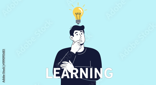 Man Thinking With Light Bulb Idea, Learning Concept Illustration
