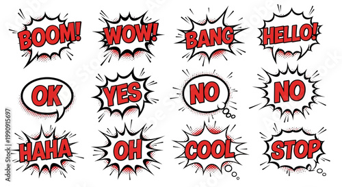Comic Book Speech Bubbles with Words: Boom, Wow, Bang, Hello, OK, Yes, No, Haha