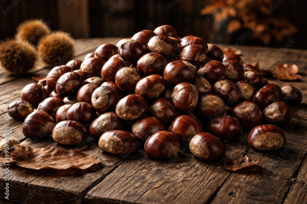 Fototapeta premium Rustic wooden table topped with a large heap of whole natural chestnuts