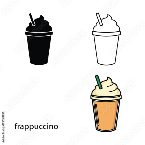 Frappuccino drink icon set, flat and outline style for coffee shops.