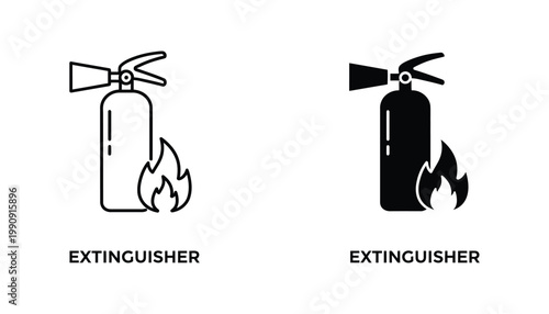 Fire extinguisher icon set with flames symbol representing fire safety and emergency equipment in black and white vector graphics for warning signs