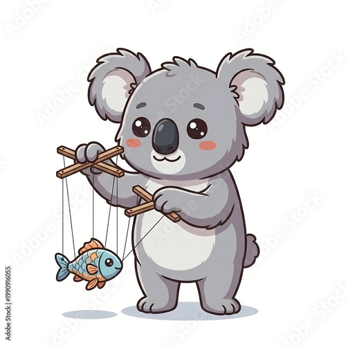 Cute Kawaii Koala Puppet Maker Playing with Fish Marionette - Chibi Animal Artisan Concept Vector Illustration