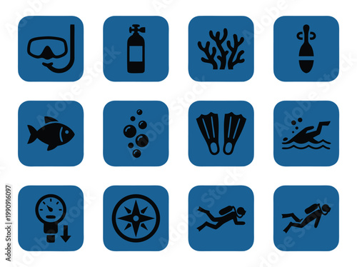 Scuba Diving Icons Set Blue Background.