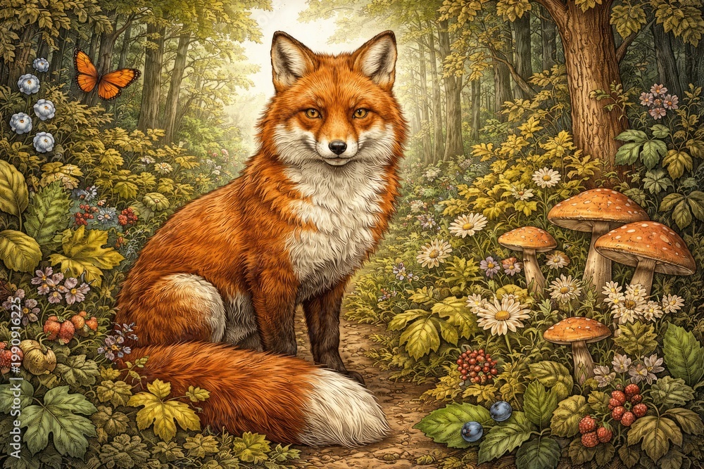 Fototapeta premium Intricate illustration for coloring showing a graceful red fox amidst forest flora