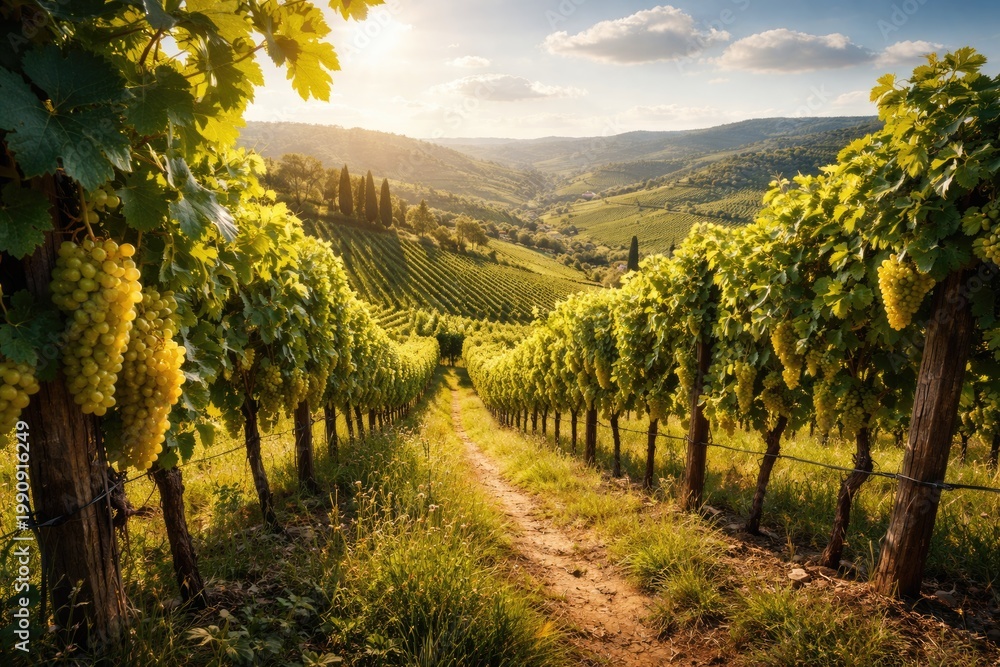 Obraz premium Vibrant vineyards flourishing under summer sunlight showcasing agricultural growth