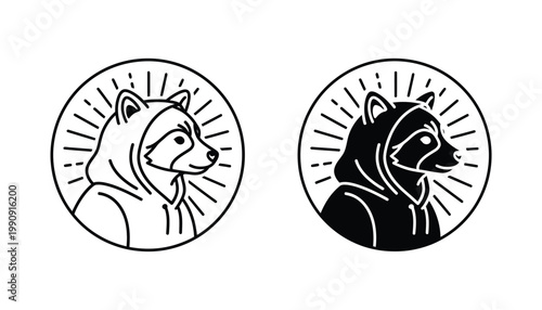 Raccoon character wearing a hoodie in a circular badge style illustration with sunburst background for creative apparel and sticker design
