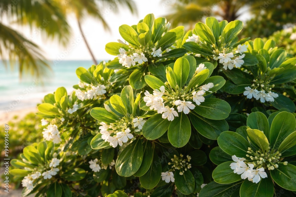 Fototapeta premium Sunlit Scaevola Taccada with vibrant green leaves and delicate white blooms in tropical setting