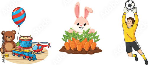 Kids Toys Collection with Teddy Bear Train and Drum, Cute Rabbit with Carrots and Soccer Goalkeeper Action Vector Illustration Set