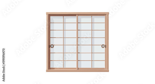 Close-up of a traditional Japanese shoji window with sliding doors and a wooden frame against a plain white background.