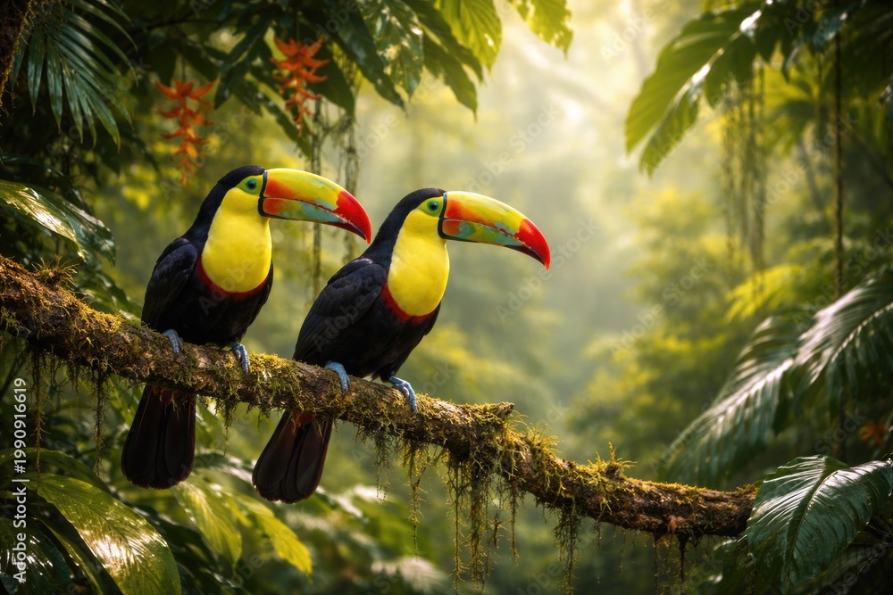 Fototapeta premium Vibrant toucans sitting on rainforest branch featuring lush tropical plants and soft blurred background copy space