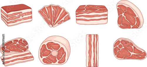 Raw meat cuts collection set pork beef bacon slices and steaks butcher shop vector illustration isolated design elements