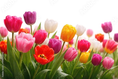 Colorful tulip flowers blooming vividly on a pristine white background