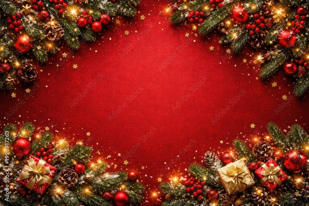 Fototapeta premium Festive red backdrop Christmas greeting card with ample copy space