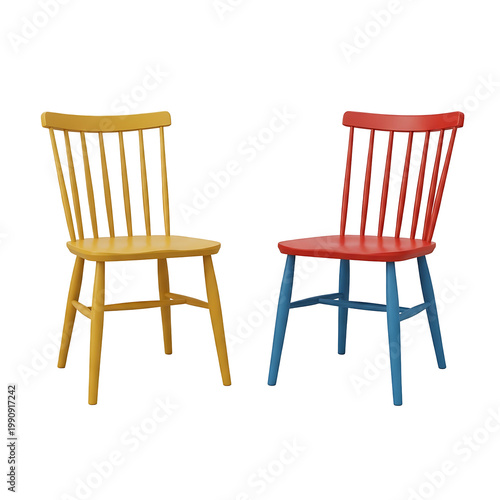 Fényképezés Two colorful wooden chairs with slatted backs isolated on transparent background