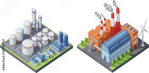 Isometric Industrial Factory Vector Illustration Set with Oil Refinery, Power Plant, Smokestacks, and Manufacturing Facilities for Energy, Industry, and Urban Infrastructure Designs