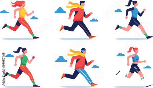 Set of runners in motion with colorful sportswear, jogging and sprinting characters in dynamic flat vector illustration