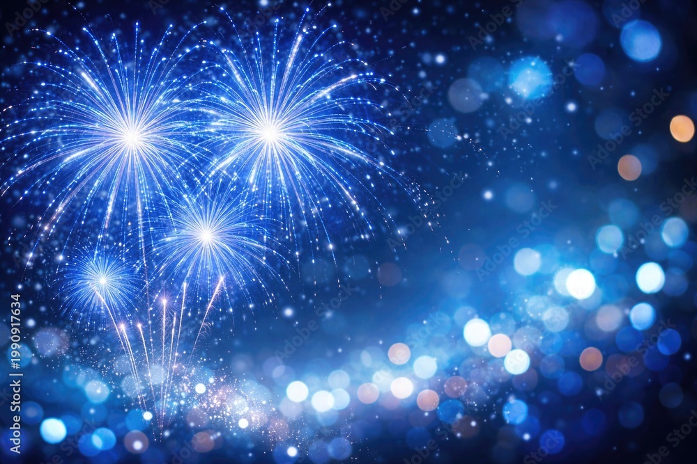 Obraz premium Blue fireworks sparkling blur in festive abstract background with copy space