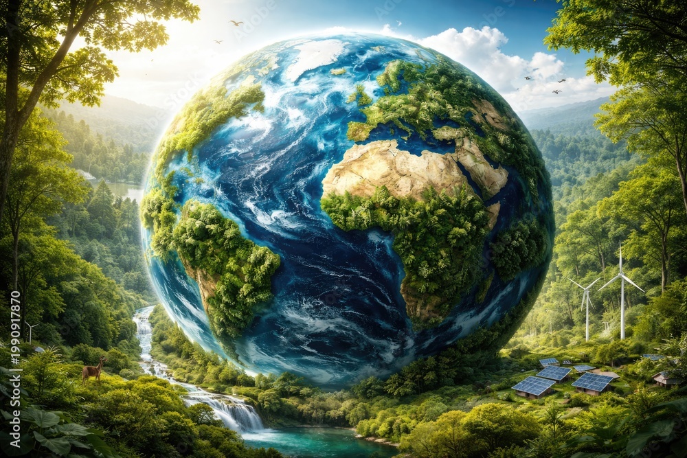 Fototapeta premium Green earth globe wrapped with forest imagery emphasizing societal sustainability and SDG principles