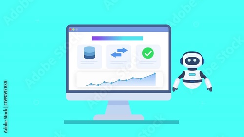 Friendly robot assistant interacting with automated dashboard featuring database sync, data update arrows, analytics charts, and progress indicators in smooth animation, representing real time synchro