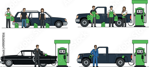 People refueling cars at gas station with fuel pumps, vehicles, and workers in flat vector illustration set