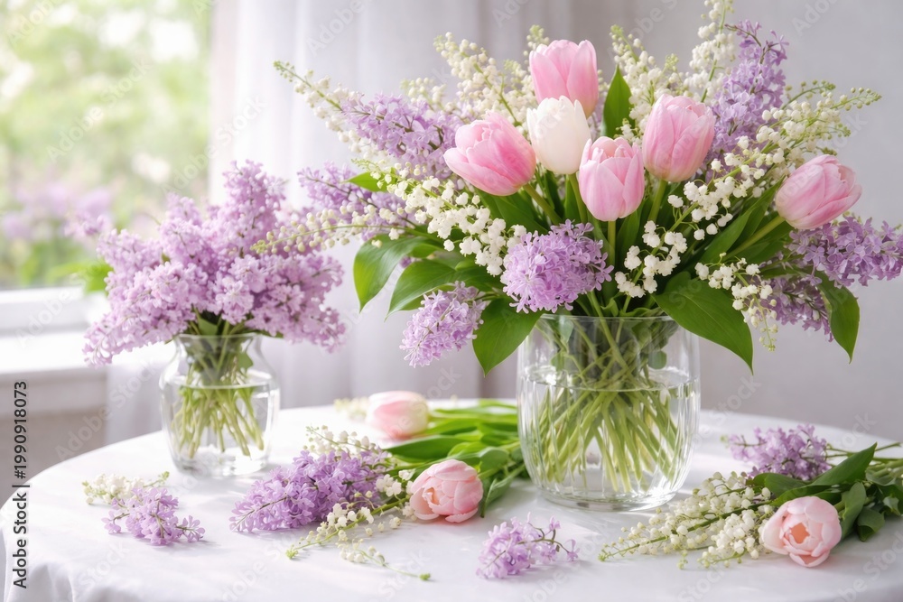 Fototapeta premium Fresh spring backdrop with lilies of the valley lilac flowers and tulips arranged on white table