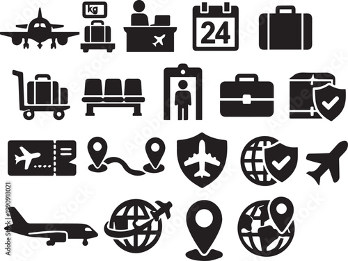 Airport icon set on transparent background for travel and transportation concepts
