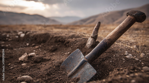 Close-up of excavation tools in dry soil at an outdoor dig site, with mountains in the background, suggesting archaeology, fieldwork, or discovery in a remote landscape.