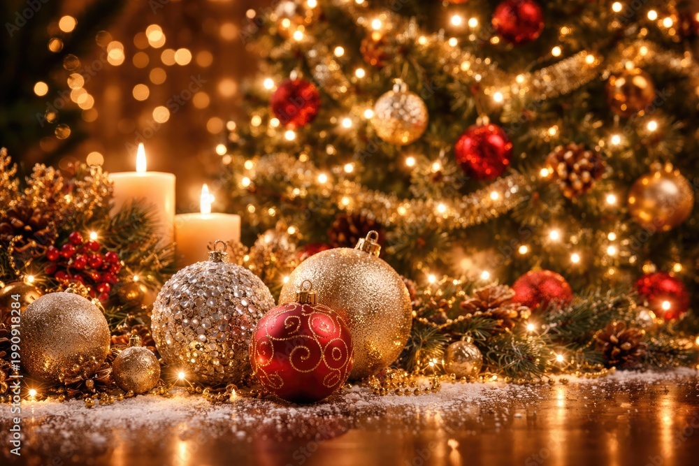 Obraz premium Festive holiday setting with sparkling Christmas ornaments