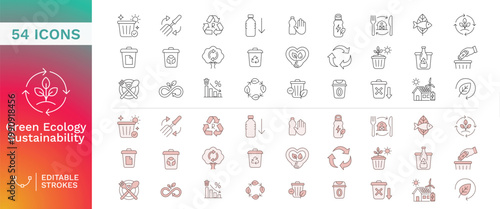 Sustainability and Eco Friendly Outline Icons Set featuring Recycling Symbols, Green Energy Habits, Waste Management, and Nature Conservation Editable Stroke Vector Collection