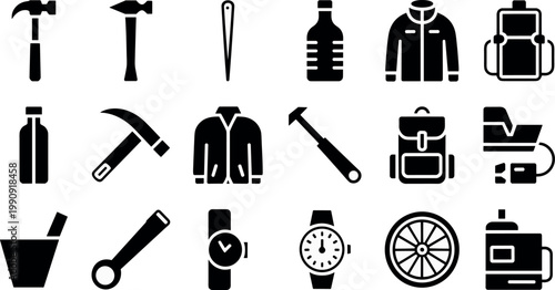 Tools and Outdoor Solid Icons Set – Equipment, Gear and Utility Glyph Vector Collection