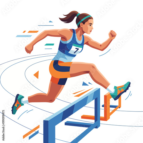 A powerful illustration of a determined woman leaping over a hurdle during a race, showcasing strength, agility, and the spirit of athletics in dynamic movement.