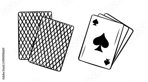 Doodle style illustration of playing ace of spades cards with checkered pattern, simple black and white sketch icon. Hand-drawn game asset perfect for casino, gambling, and fun concepts