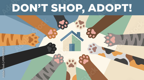 An engaging adoption campaign image highlights various cat paw prints surrounding a house icon, promoting the message of pet adoption and raising awareness about caring for animals.
