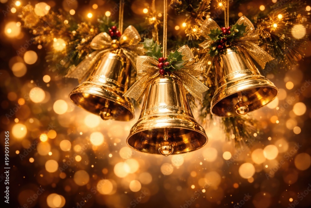 Obraz premium Festive golden bells hanging amid a softly blurred warm backdrop for celebration