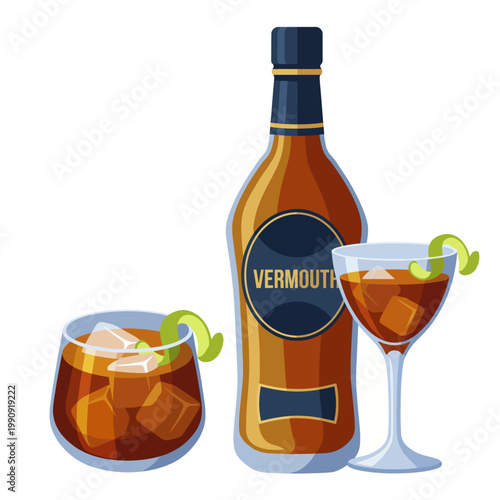 The image showcases an elegant vermouth bottle alongside two glasses adorned with garnishes, emphasizing the sophistication of enjoying fine beverages with style.