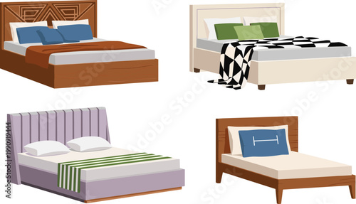 Modern Bed Furniture Vector Illustration Set with Wooden and Upholstered Beds, Bedroom Interior Elements for Home Decor, Real Estate, and Interior Design Projects