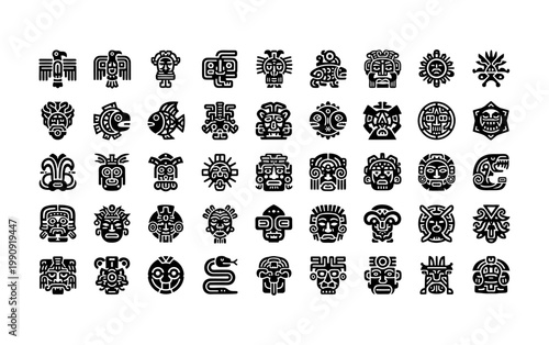 Collection of ancient mesoamerican and aztec glyphs and cultural icons
