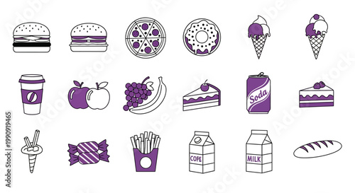 Fast Food Icons Set: Burgers, Pizza, Ice Cream, Coffee, Soda, Fruits, Cake
