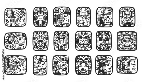 A collection of ancient mayan glyphs in black and white designs