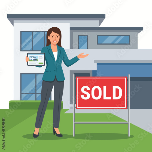 A cheerful realtor stands proudly next to a 'SOLD' sign in front of a stylish modern home, representing successful real estate transactions and homeownership aspirations.