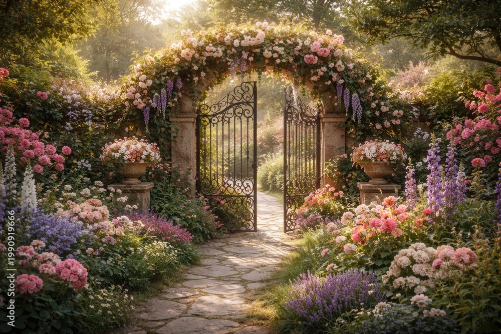 Fototapeta premium Tiny entrance set against an elaborate blooming garden landscape