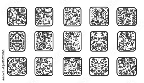 Collection of stylized mayan or aztec head illustrations in square frames