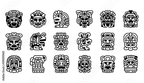 Collection of stylized aztec and mayan inspired mask illustrations