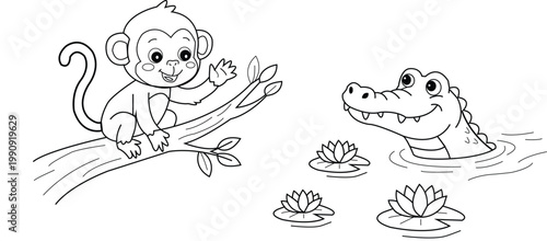Cute cartoon monkey and crocodile friend vector for coloring page