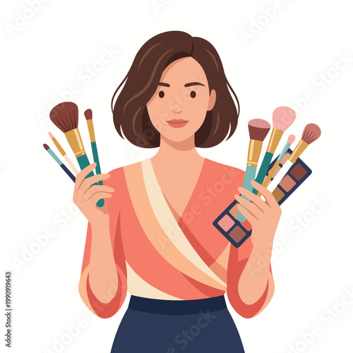 A stylish woman confidently presents an array of makeup brushes and palettes, embodying beauty and professionalism in the cosmetic industry.