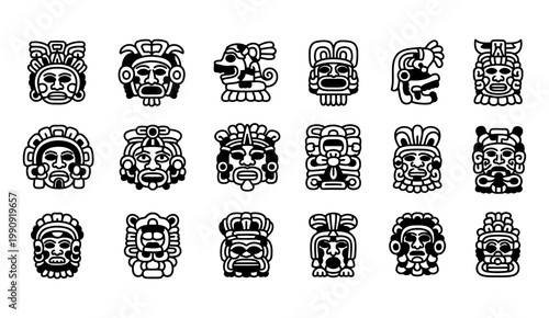 Collection of ancient mesoamerican masks and stylized animal heads