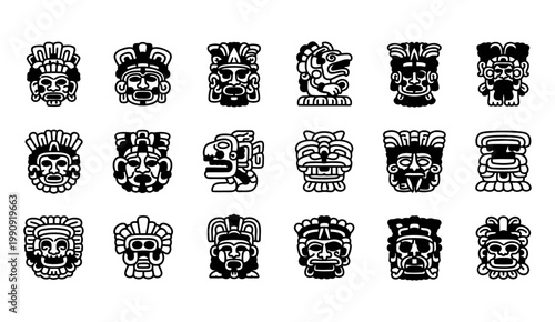 Collection of stylized black and white ancient mesoamerican masks
