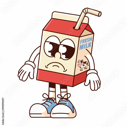 A cute milk carton character with a sad expression and downturned eyes reflects feelings of disappointment, representing emotional depth in a light-hearted, cartoon style imagery.