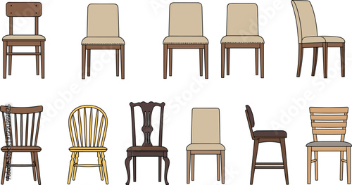 Set of various dining chairs including wooden, upholstered, and classic styles isolated in minimal flat vector illustration